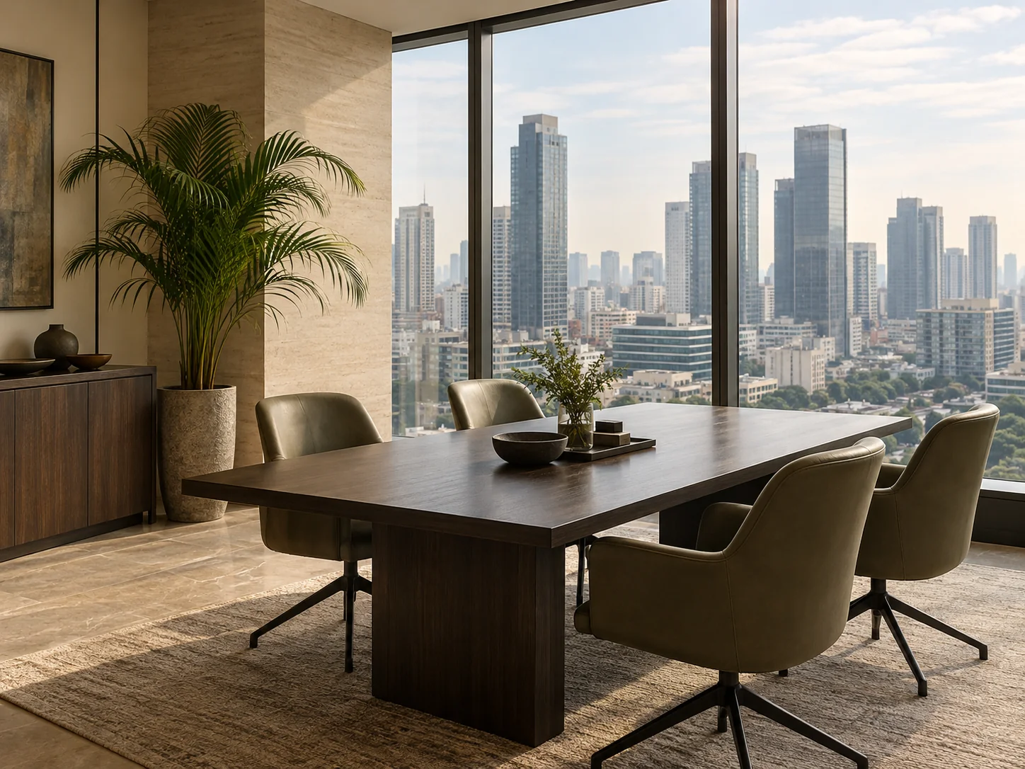 A contemporary meeting room arranged for a business discussion